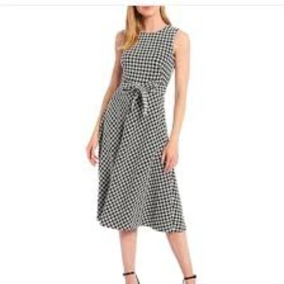 Calvin Klein Black & White Houndstooth Midi Sleeveless A Line Dress Size 10 - Picture 1 of 8